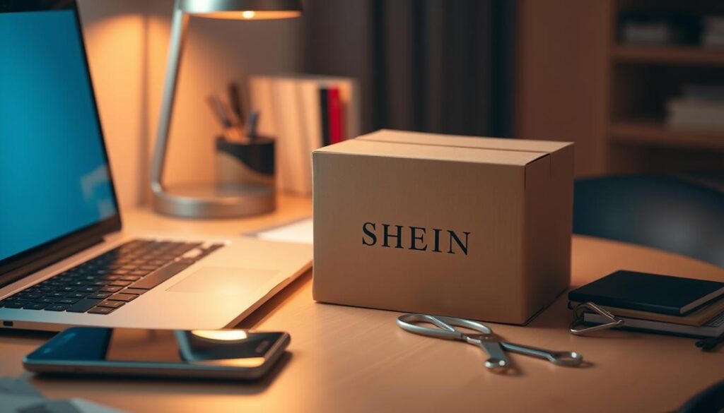 An office desk with a laptop, smartphone, and a box labeled "SHEIN" on it. The desk is well-lit, with a warm, inviting glow from a desk lamp. The box is the focal point, surrounded by neatly organized stationery and a pair of scissors, suggesting the user is in the process of opening and inspecting the contents. The background is blurred, creating a sense of depth and focus on the desk setup. The overall mood is one of anticipation and excitement, as the user prepares to unbox and review the SHEIN items they've received. An office desk with a laptop, smartphone, and a box labeled "SHEIN" on it. The desk is well-lit, with a warm, inviting glow from a desk lamp. The box is the focal point, surrounded by neatly organized stationery and a pair of scissors, suggesting the user is in the process of opening and inspecting the contents. The background is blurred, creating a sense of depth and focus on the desk setup. The overall mood is one of anticipation and excitement, as the user prepares to unbox and review the SHEIN items they've received.