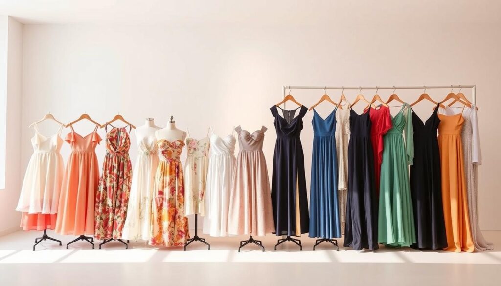 A chic display of Shein dresses set against a modern, minimalist backdrop. In the foreground, a vibrant array of styles ranging from casual sundresses to elegant evening gowns, showcasing the brand's diverse fashion offerings. The middle ground features a clean, well-lit studio setting with soft, diffused lighting, allowing the dresses to take center stage. In the background, a plain, neutral-toned wall provides a sleek and sophisticated canvas, emphasizing the dresses' design and quality. The overall scene exudes a sense of fashion-forward sophistication, perfectly aligning with the section's title "Shein Dresses: From Casual Daywear to Night Out".