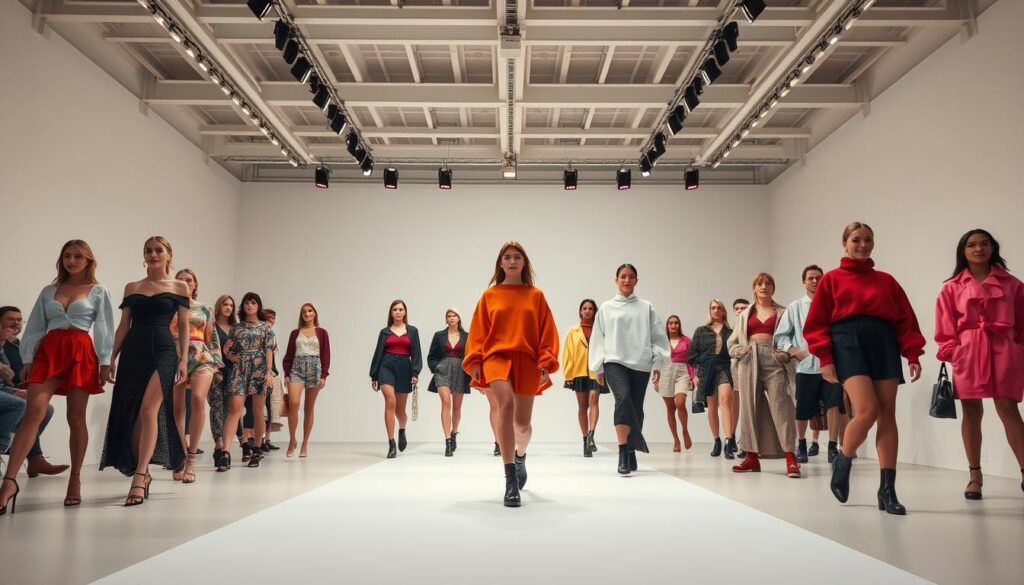 A high-fashion runway in a sleek, modern studio illuminated by soft, diffused lighting. The foreground features a diverse array of the latest Shein clothing trends - trendy mini dresses, oversized sweaters, and bold statement pieces. In the middle ground, models strut confidently, showcasing the garments with effortless style. The background is a minimalist set design with clean lines and neutral tones, allowing the vibrant clothing to take center stage. The atmosphere radiates an aspirational, yet accessible vibe, capturing the spirit of Shein's 2025 fashion direction - versatile, stylish, and affordable. A high-fashion runway in a sleek, modern studio illuminated by soft, diffused lighting. The foreground features a diverse array of the latest Shein clothing trends - trendy mini dresses, oversized sweaters, and bold statement pieces. In the middle ground, models strut confidently, showcasing the garments with effortless style. The background is a minimalist set design with clean lines and neutral tones, allowing the vibrant clothing to take center stage. The atmosphere radiates an aspirational, yet accessible vibe, capturing the spirit of Shein's 2025 fashion direction - versatile, stylish, and affordable.