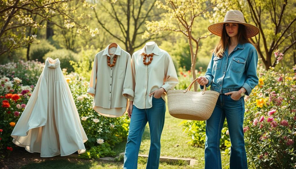 A lush, sun-dappled garden scene in the soft glow of spring. In the foreground, a collection of fashionable yet sustainable clothing items - a flowing organic cotton maxi dress, a hemp button-down shirt, and a pair of eco-friendly denim jeans. The middle ground features a lineup of carefully curated accessories like a handwoven straw tote, wooden-beaded jewelry, and a wide-brimmed hat made from recycled materials. Backdropped by a verdant landscape of blooming flowers and swaying trees, the overall atmosphere evokes a sense of harmony between fashion and nature. The lighting is natural and diffuse, capturing the essence of a sustainable, ethical wardrobe for the new season. A lush, sun-dappled garden scene in the soft glow of spring. In the foreground, a collection of fashionable yet sustainable clothing items - a flowing organic cotton maxi dress, a hemp button-down shirt, and a pair of eco-friendly denim jeans. The middle ground features a lineup of carefully curated accessories like a handwoven straw tote, wooden-beaded jewelry, and a wide-brimmed hat made from recycled materials. Backdropped by a verdant landscape of blooming flowers and swaying trees, the overall atmosphere evokes a sense of harmony between fashion and nature. The lighting is natural and diffuse, capturing the essence of a sustainable, ethical wardrobe for the new season.
