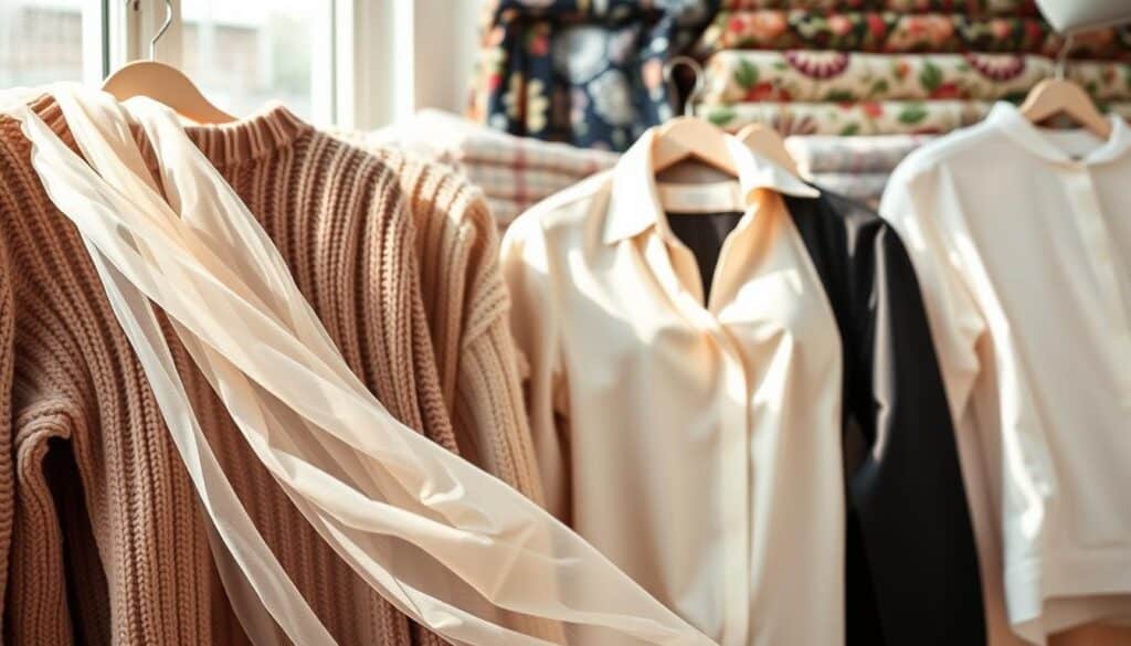 A meticulously crafted arrangement of Shein clothing materials in a soft, natural light. In the foreground, a delicate chiffon fabric cascades elegantly, its semi-sheer texture inviting closer inspection. The middle ground showcases a variety of knits, from a cozy cable-knit sweater to a silky satin blouse, all arranged with care. In the background, bolts of vibrant printed fabrics and textured weaves provide a visually rich tapestry, hinting at the diverse array of materials available from Shein. The overall composition conveys a sense of quality, attention to detail, and the versatility of Shein's product offerings. A meticulously crafted arrangement of Shein clothing materials in a soft, natural light. In the foreground, a delicate chiffon fabric cascades elegantly, its semi-sheer texture inviting closer inspection. The middle ground showcases a variety of knits, from a cozy cable-knit sweater to a silky satin blouse, all arranged with care. In the background, bolts of vibrant printed fabrics and textured weaves provide a visually rich tapestry, hinting at the diverse array of materials available from Shein. The overall composition conveys a sense of quality, attention to detail, and the versatility of Shein's product offerings.