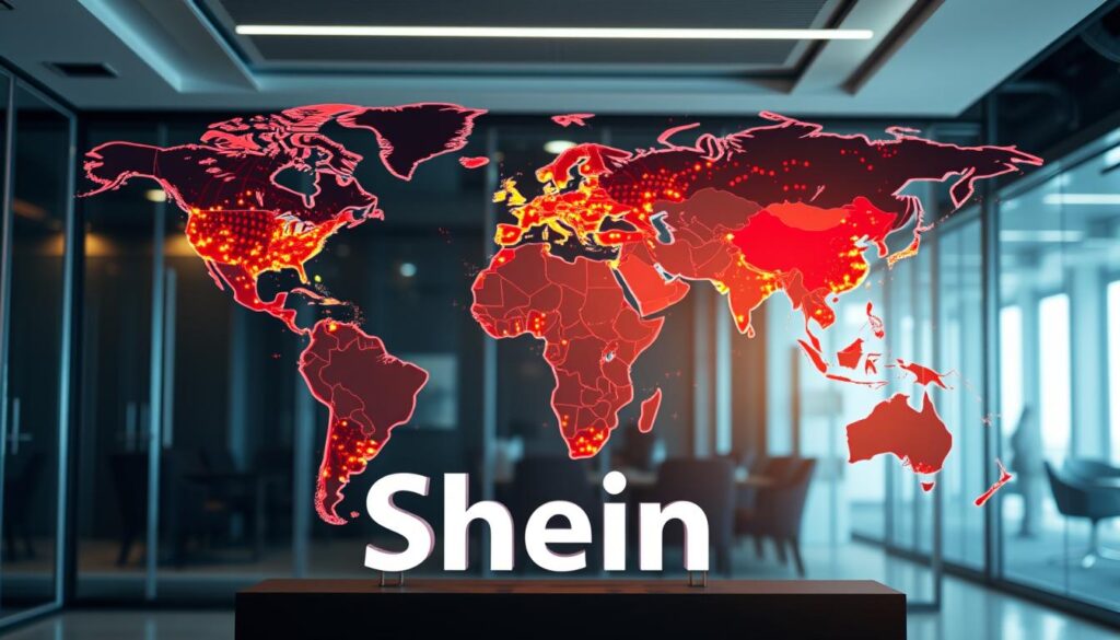 A meticulously detailed world map depicting Shein's global footprint, showcased against a backdrop of a sleek, modern office environment. The map is rendered in vibrant colors, with pulsing nodes highlighting Shein's international presence across continents. In the foreground, a stylized Shein logo stands tall, emanating a sense of growth and expansion. Subtle lighting casts a warm, inviting glow, while the overall composition conveys a dynamic, forward-thinking narrative about the brand's worldwide reach and impact. A meticulously detailed world map depicting Shein's global footprint, showcased against a backdrop of a sleek, modern office environment. The map is rendered in vibrant colors, with pulsing nodes highlighting Shein's international presence across continents. In the foreground, a stylized Shein logo stands tall, emanating a sense of growth and expansion. Subtle lighting casts a warm, inviting glow, while the overall composition conveys a dynamic, forward-thinking narrative about the brand's worldwide reach and impact.