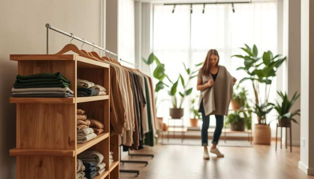 A minimalist yet modern shopping scene, showcasing sustainable Shein fashion finds. In the foreground, a sleek wooden shelving unit displays neatly folded garments in earthy tones. Muted natural lighting filters through sheer curtains, casting a warm glow on the items. In the middle ground, a person examines a garment, evaluating its quality and eco-friendly materials. The background features a plant-filled, airy living space, suggesting a harmonious, sustainable lifestyle. The overall mood is one of thoughtful, purposeful consumerism, emphasizing Shein's commitment to more ethical and environmentally-conscious fashion. A minimalist yet modern shopping scene, showcasing sustainable Shein fashion finds. In the foreground, a sleek wooden shelving unit displays neatly folded garments in earthy tones. Muted natural lighting filters through sheer curtains, casting a warm glow on the items. In the middle ground, a person examines a garment, evaluating its quality and eco-friendly materials. The background features a plant-filled, airy living space, suggesting a harmonious, sustainable lifestyle. The overall mood is one of thoughtful, purposeful consumerism, emphasizing Shein's commitment to more ethical and environmentally-conscious fashion.