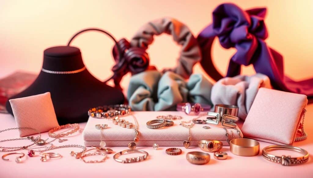 A vibrant and fashionable display of Shein accessories, elegantly arranged against a soft, pastel-hued backdrop. In the foreground, an assortment of delicate jewelry pieces - sleek chokers, dainty earrings, and statement rings - sparkle under warm, diffused lighting. In the middle ground, a selection of trendy hair accessories, such as scrunchies, barrettes, and headbands, add pops of color and texture. The background features a subtle gradient, creating a serene and inviting atmosphere that complements the stylish Shein items. The overall composition exudes a sense of effortless sophistication, perfectly capturing the essence of the "Accessories from Shein That Make an Outfit Pop" section.