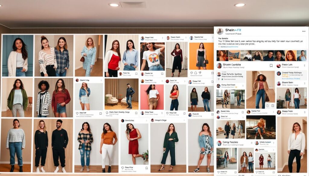 A vibrant collage of Shein product review photos, captured in a warm, inviting atmosphere. In the foreground, a grid of customer snapshots showcasing the apparel in real-world settings, highlighting fit, fabric, and overall quality. The middle ground features a seamless blend of lifestyle shots, with models posing confidently in their Shein outfits against chic backdrops. In the background, a subtle yet lively community feed, with enthusiastic comments and ratings interspersed, creating a sense of engaged, authentic feedback. Soft, diffused lighting accentuates the candid, relatable nature of the images, inviting the viewer to imagine themselves as part of the Shein shopping experience. A vibrant collage of Shein product review photos, captured in a warm, inviting atmosphere. In the foreground, a grid of customer snapshots showcasing the apparel in real-world settings, highlighting fit, fabric, and overall quality. The middle ground features a seamless blend of lifestyle shots, with models posing confidently in their Shein outfits against chic backdrops. In the background, a subtle yet lively community feed, with enthusiastic comments and ratings interspersed, creating a sense of engaged, authentic feedback. Soft, diffused lighting accentuates the candid, relatable nature of the images, inviting the viewer to imagine themselves as part of the Shein shopping experience.